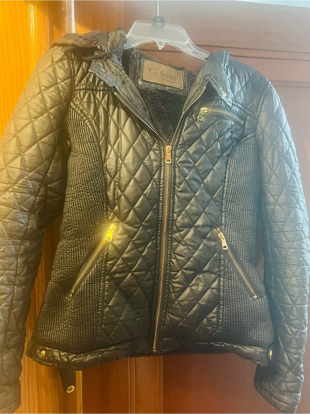 Ci Sono Quilted Black Hooded Puffer Jacket with Zip Details